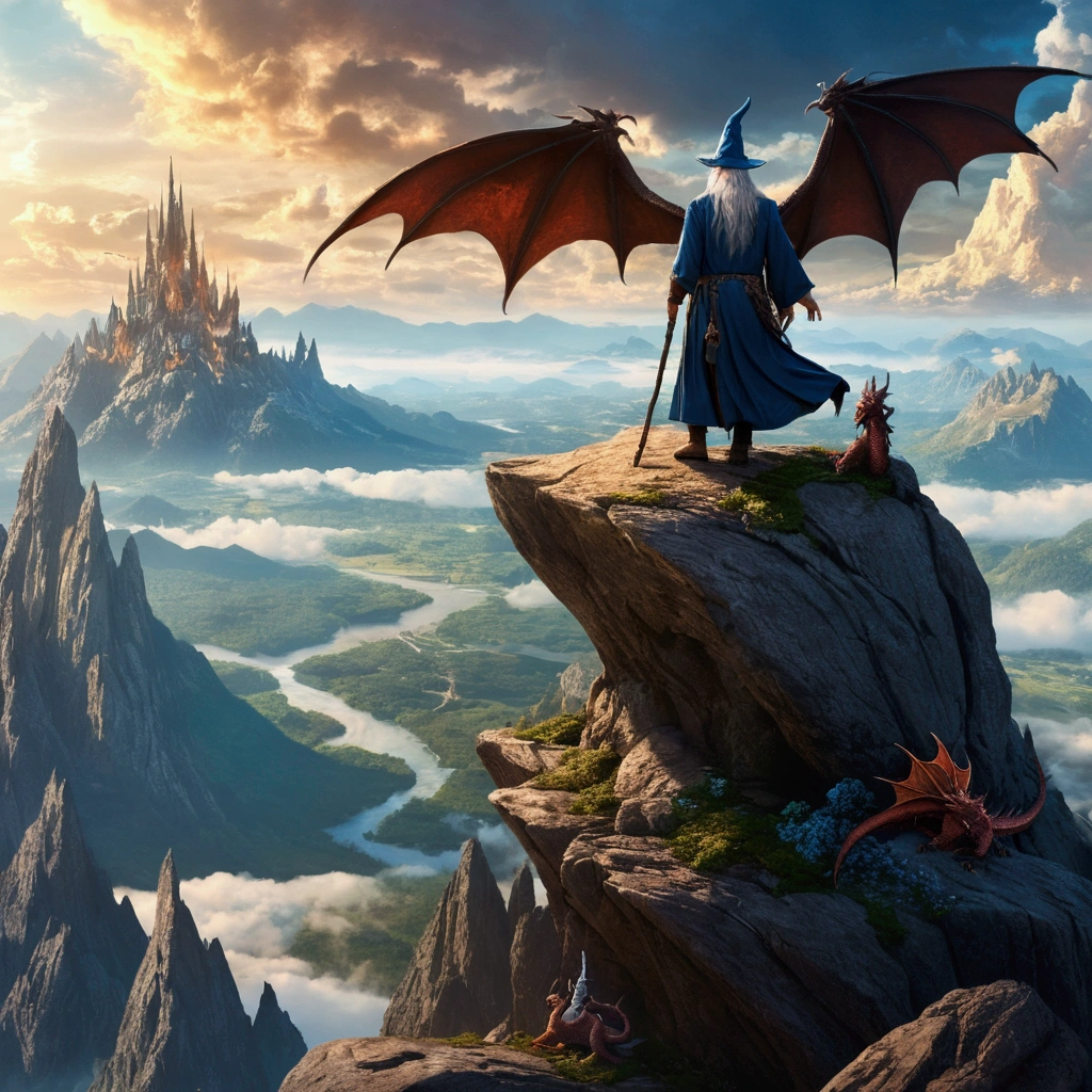 Fantasy art image of a wizard on top of a rock with a masterful view of mountains and dragons in the sky, 4k super detallado