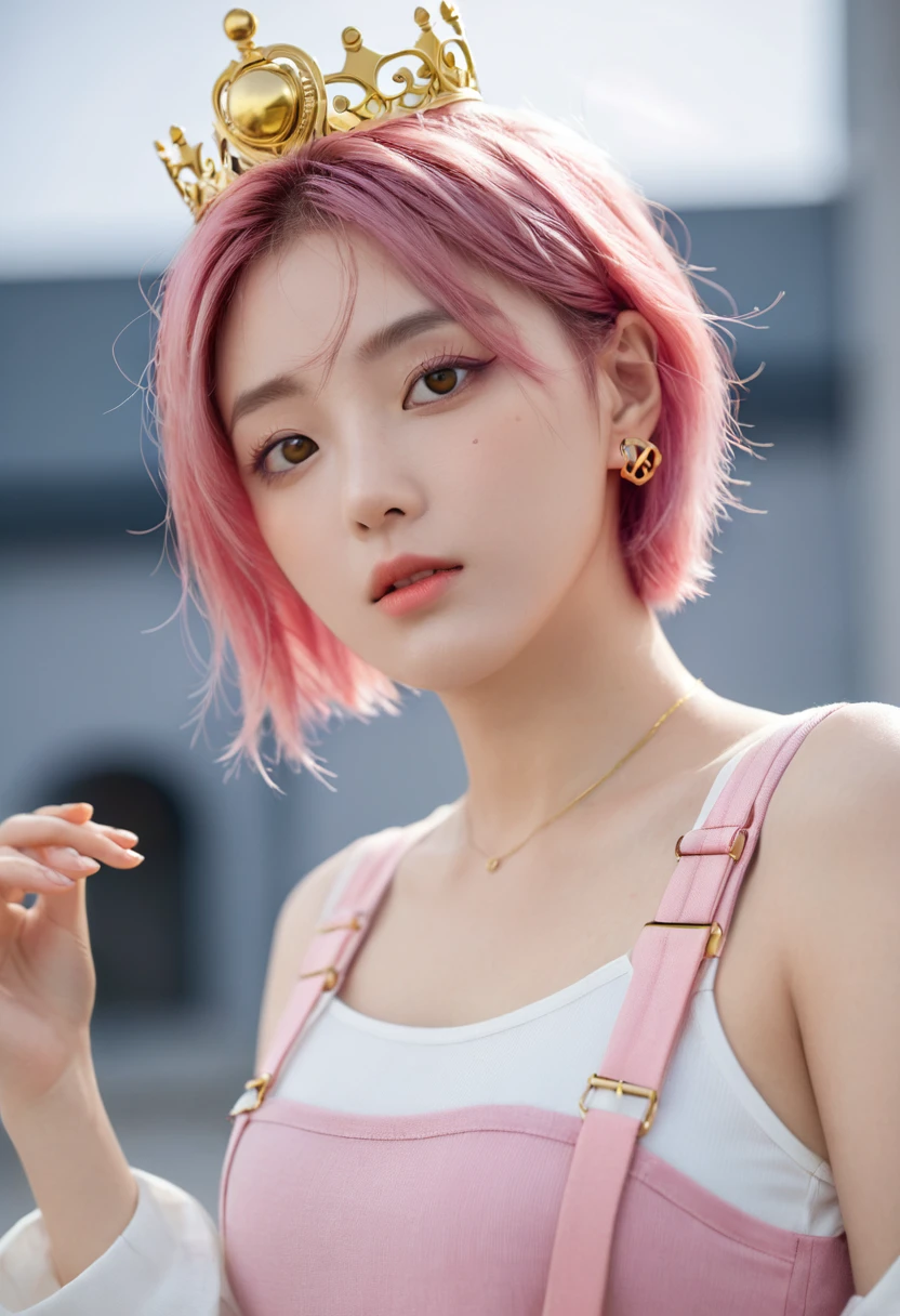(8K, RAW photos, best quality, masterpiece), Ultra-high resolution, (Practical, photo-Practical), 1 Girl, callous, Solitary, Pink Hair, Yellow eyes, Professional lighting, Detailed lighting, Backlight, Depth of Field, Natural Lighting, Clear focus, Two-meter shooting distance, Professional photo shoot, Delicate eyes, Practical eyes, Detailed shadows, CG Games, role play, Pink clothes with arm ring, Suspenders, Upper Body, Pink clothes, External, crown, Gundam, Mecha,