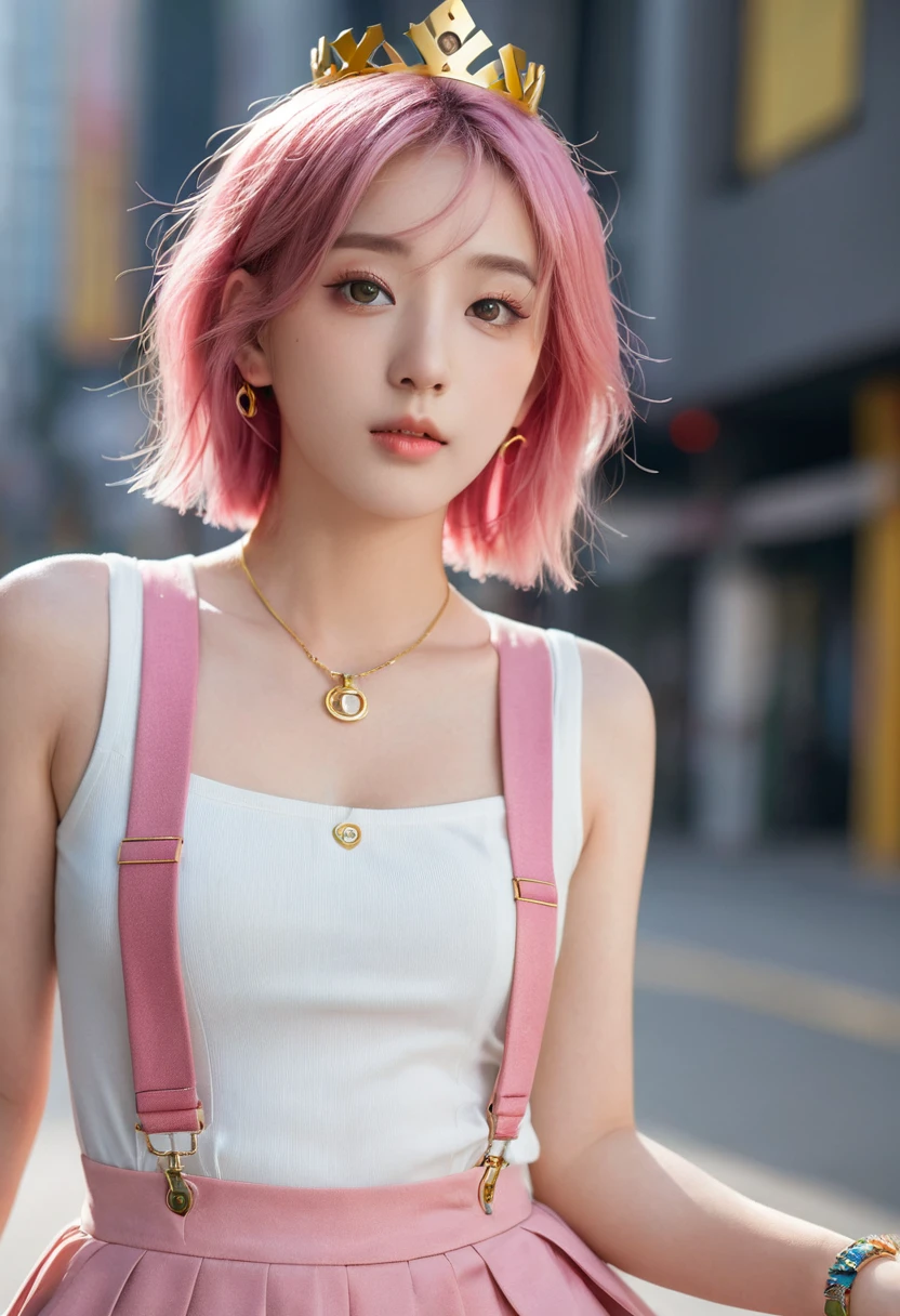 (8K, RAW photos, best quality, masterpiece), Ultra-high resolution, (Practical, photo-Practical), 1 Girl, callous, Solitary, Pink Hair, Yellow eyes, Professional lighting, Detailed lighting, Backlight, Depth of Field, Natural Lighting, Clear focus, Two-meter shooting distance, Professional photo shoot, Delicate eyes, Practical eyes, Detailed shadows, CG Games, role play, Pink clothes with arm ring, Suspenders, Upper Body, Pink clothes, External, crown, Gundam, Mecha,