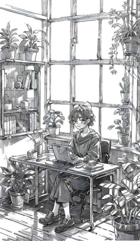 A person sitting at a desk, working on a laptop. The desk has a cup of coffee, some books, and a potted plant. The background is a cozy home office with warm lighting.