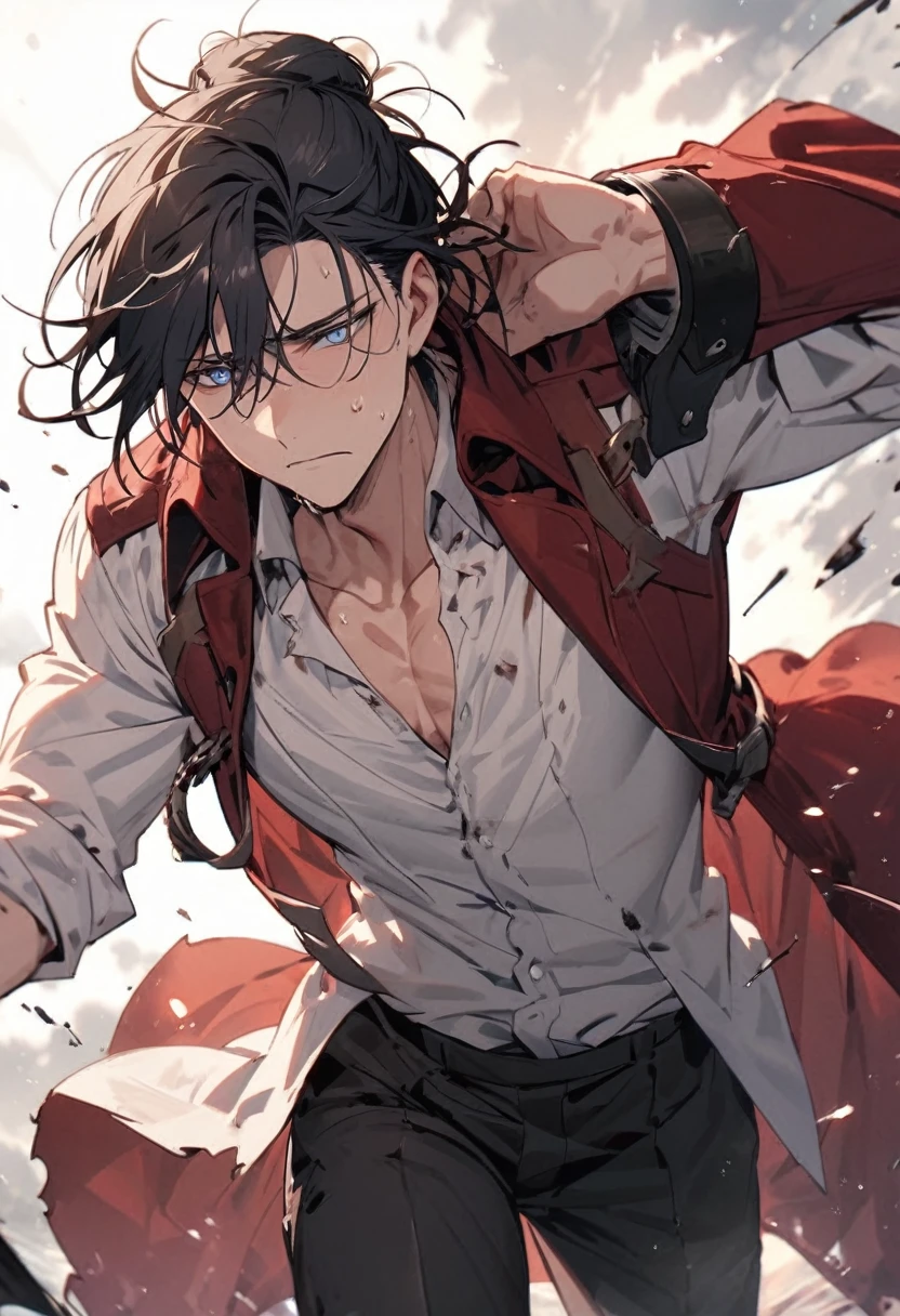 ultra high res, best quality, masterpiece, 1boy,4, red hair,brown eyes, jeans, red jacket, white shirt, open jacket, extremely muscular masculine man, scream, shirtless