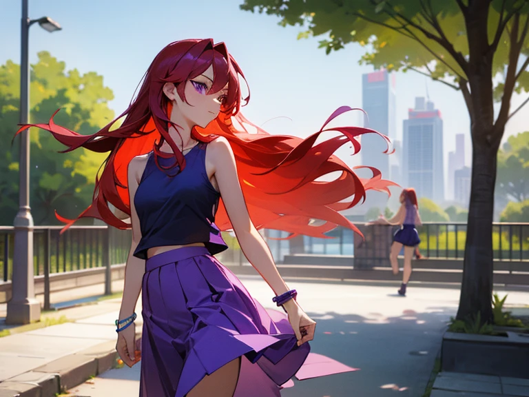 1 lovely lady, red long hair purple eyes, wears plain blue tank-top and purple skirt, yellow bracelet on one arm, walking in a park