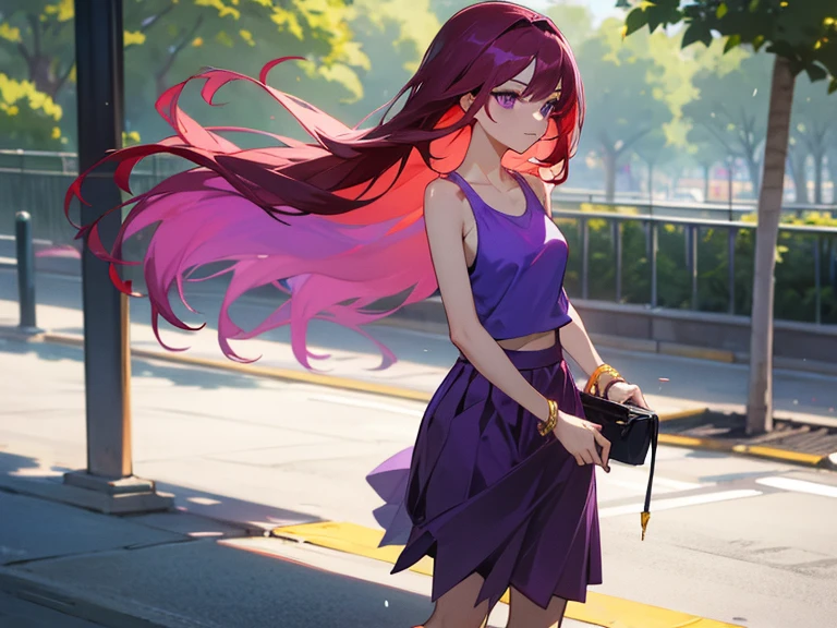 1 lovely lady, red long hair purple eyes, wears plain blue tank-top and purple skirt, yellow bracelet on one arm, walking in a park