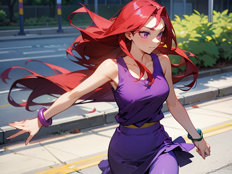 1 lovely lady, red long hair purple eyes, wears plain blue tank-top and purple skirt, yellow bracelet on one arm, walking in a park
