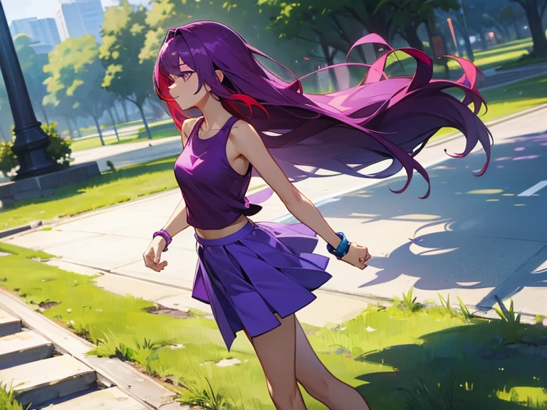 1 lovely lady, red long hair purple eyes, wears plain blue tank-top and purple skirt, yellow bracelet on one arm, walking in a park