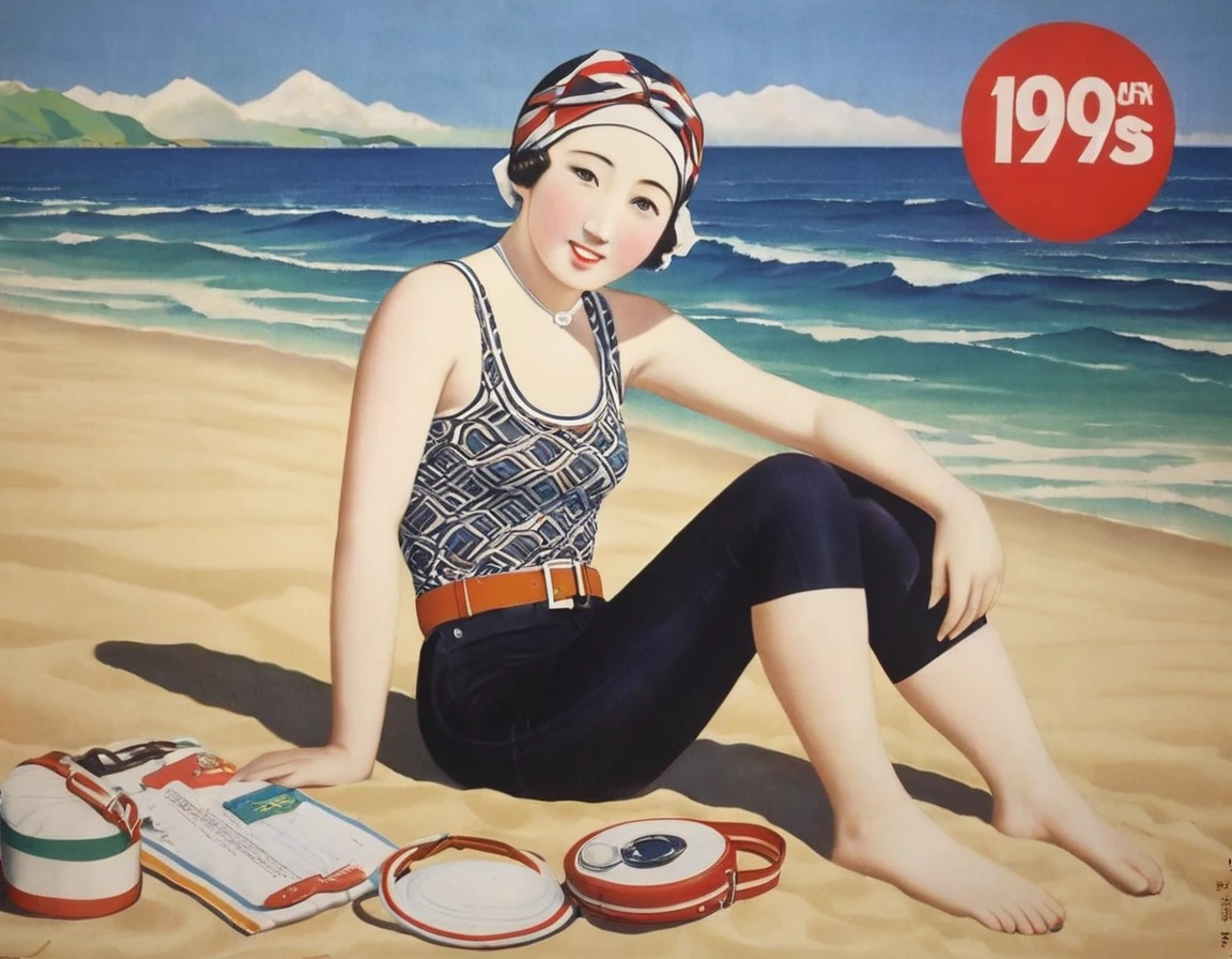 (((1930s Japanese poster)))),Swim ring,masterpiece,close-up,portrait,lay face down on the beach,Japanese woman,(Japanese pompadour:1.3),narrow eyes,Expressionless,geometric pattern tank top,(black short pants),(belt),(tight swim cap)