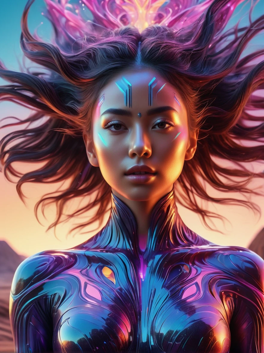 (Imagine:1.3), (full-body shot:1.5), (((photographic， photo， photogenic)))， extremely high quality high detail RAW color photo， Woman in dynamic pose， Colorful face， Fluid landscape and morphological fusion， Glowing 3D objects and graphics interaction， Ultra-detailed illustrations， The feeling of melting runs through the entire work.， Flat but expressive artistic approach， Glow Aesthetics， Full body capture， Glowing Texture， Highlights， vibrant color palette， Encapsulating energy and motion， Mobility and photodynamics， Strong visual contrast， A clever fusion of characters and abstract elements , Ultra wide angle, Ultra HD, Anatomically correct, precise, masterpiece, The award-winning, 8K