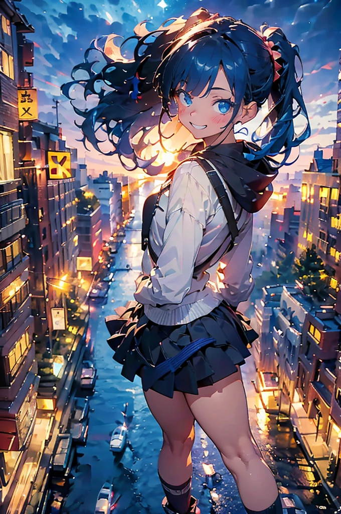 (masterpiece), (high resolution 8K), professional illustration, 1 girl, late teenage, walking, turn around, arched back, full body, dutch angle, bird's eye view, hoody, mini-skirt, back pack, blue hair, smile, looking away, sea, night, high contrast, professional lighting, stunning face, symmetrical clear eyes, detailed eyes and face,ponytail