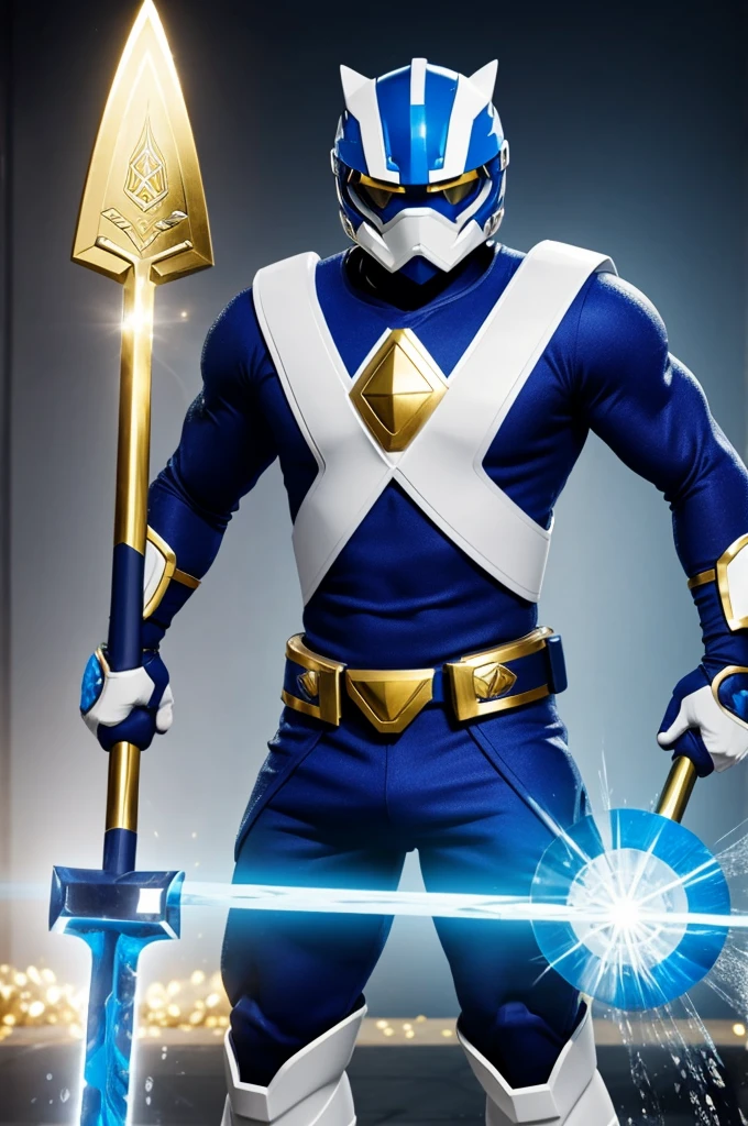 Create a Blue power renger with a large two-handed ax with water powers and gold and white details