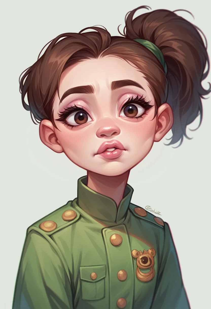 thin and dark girl, with long straight hair tied in a ponytail, with dark brown eyes, curled eyelashes, pink cheeks thin lips small nose with green uniform pixar drawing