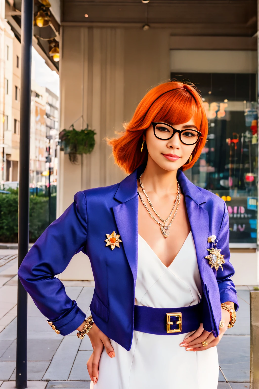 1girl, solo, yorigami jo'on, orange hair, drill hair, eyewear on head, orange eyes, jewelry, bow, white dress, purple jacket, pendant, earrings, hat, standing, hand on hip, looking at viewer, one eye closed, smirk, outdoors, city