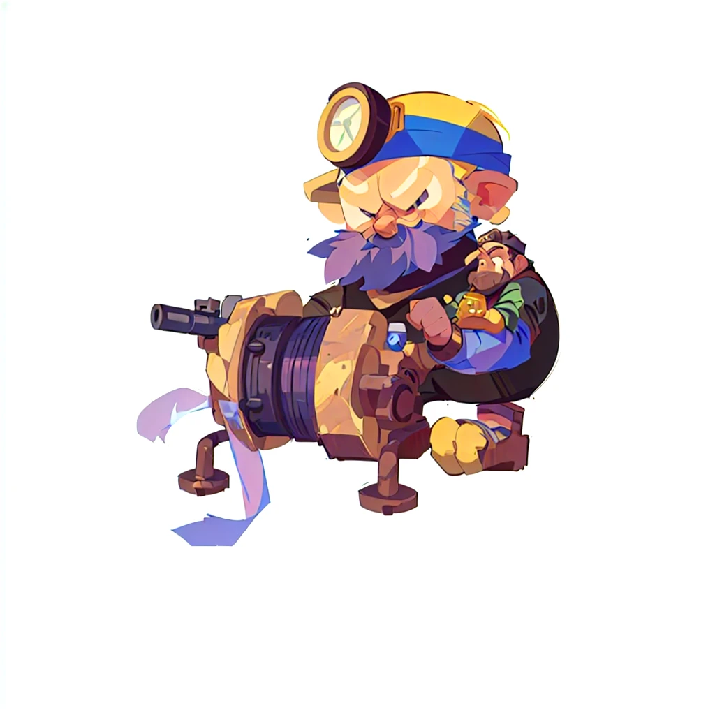 cartoon image of a man with a pipeline and a wren, pepe the miner, engineer, mechanical, muscular female gnome engineer, Mini Gun, Unreal No, mining, Heavy weapons guy, Landmines, Farmers, steampunk engineer, old charismatic mechanical, Tinkerer, Fisherman, pipeline, Complete portrait of the electrician, blacksmith, Old Man, Magic Fishing Rod Weapon