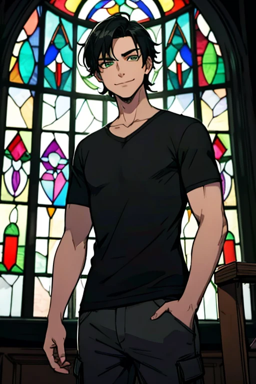perfect face, perfect hand A black haired man with green eyes in a gothic rolled up shirt and cargo shorts is smiling in front of a stained glass window