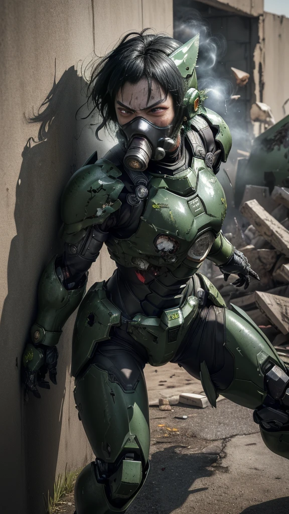 , Advanced Details, high quality, 最high quality, High resolution, 1080P 、Bleeding from the wound、Sexy Eyes、Wearing green and black、cute((The whole body is sweating))(Equipped with a damaged battle suit....)(Dark green armor)(Broken Armor)Black Hair、Chiquita、short hair、Open your mouth、Painful expression、It hurts again、Healthy Skin、20-year-old female　defeat　(Steam coming out of the face) ((Steam from the body)) 　Unable to fight　Severe attacks　((I was thrown against the wall、Head gear is broken.　)) flying debris　bare hands　Armor Stripping　Gas mask explodes