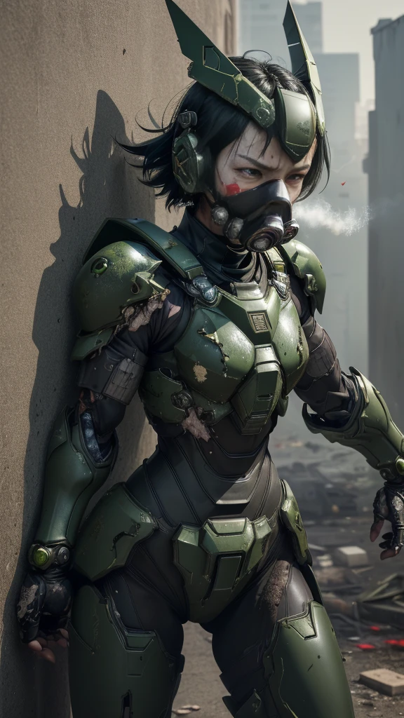 , Advanced Details, high quality, 最high quality, High resolution, 1080P 、Bleeding from the wound、Sexy Eyes、Wearing green and black、cute((The whole body is sweating))(Equipped with a damaged battle suit....)(Dark green armor)(Broken Armor)Black Hair、Chiquita、short hair、Open your mouth、Painful expression、It hurts again、Healthy Skin、20-year-old female　defeat　(Steam coming out of the face) ((Steam from the body)) 　Unable to fight　Severe attacks　((I was thrown against the wall、Head gear is broken.　)) flying debris　bare hands　Armor Stripping　Gas mask explodes