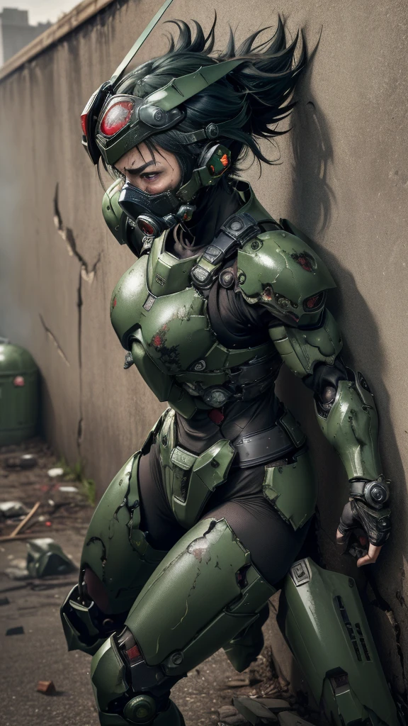 , Advanced Details, high quality, 最high quality, High resolution, 1080P 、Bleeding from the wound、Sexy Eyes、Wearing green and black、cute((The whole body is sweating))(Equipped with a damaged battle suit....)(Dark green armor)(Broken Armor)Black Hair、Chiquita、short hair、Open your mouth、Painful expression、It hurts again、Healthy Skin、20-year-old female　defeat　(Steam coming out of the face) ((Steam from the body)) 　Unable to fight　Severe attacks　((I was thrown against the wall、Head gear is broken.　)) flying debris　bare hands　Armor Stripping　Gas mask explodes