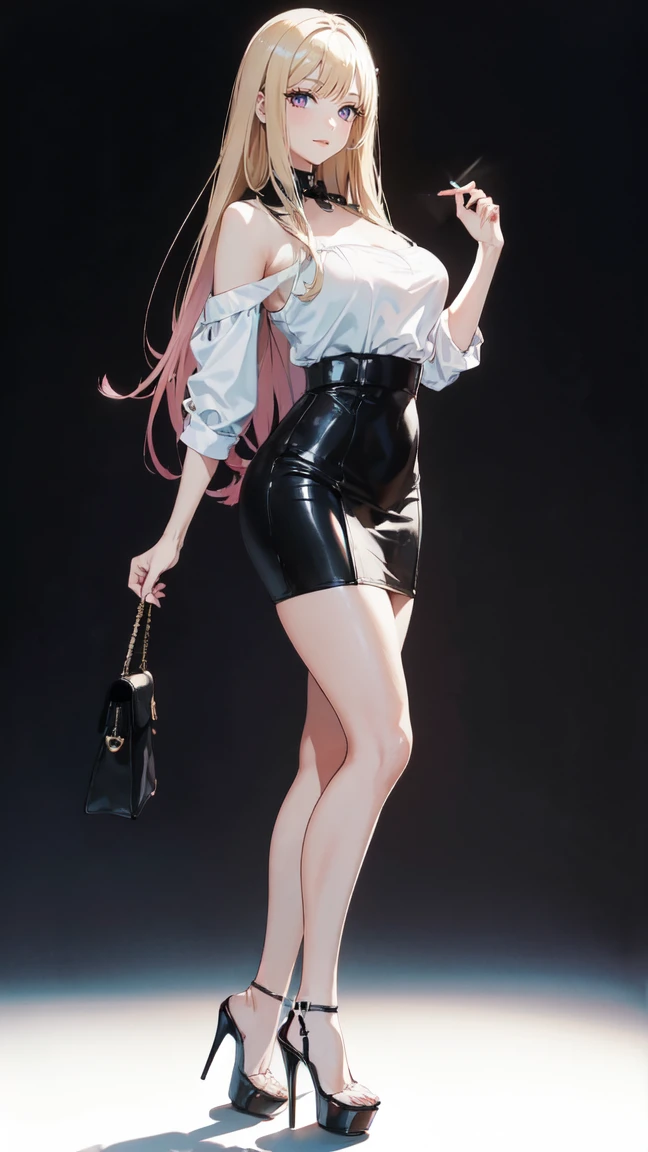 ((masterpiece, high resolution, better quality, better details)), ((Marin Kitagawa)), ((Smiling)), ((one girl)) a girl modeling standing, mini skirt, blouse, ((big neckline)), ((platform high heels)), pink eyes with black outline, (light blonde hair, straight hair, straight bangs, long hair)), long nails, pink nails, (((curvy body))), shiny skin, ((side view)), solo, bare shoulders, full body, focus full body, high heels, ((White background)),