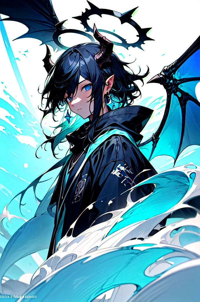 masterpiece, highest quality, highest resolution, clear_image, photo realistic, detailed details, (11 boy, scruffy black hair, bangs, Blue eyes, moon, dark night, long earrings, black hoodie, blue demon horns, blue great sword at the back, sky blue scarf , sky blue futuristic halo, futuristic dragon wings) beautiful, upper body, no water marks, laboratory, no extra limps, no extra body