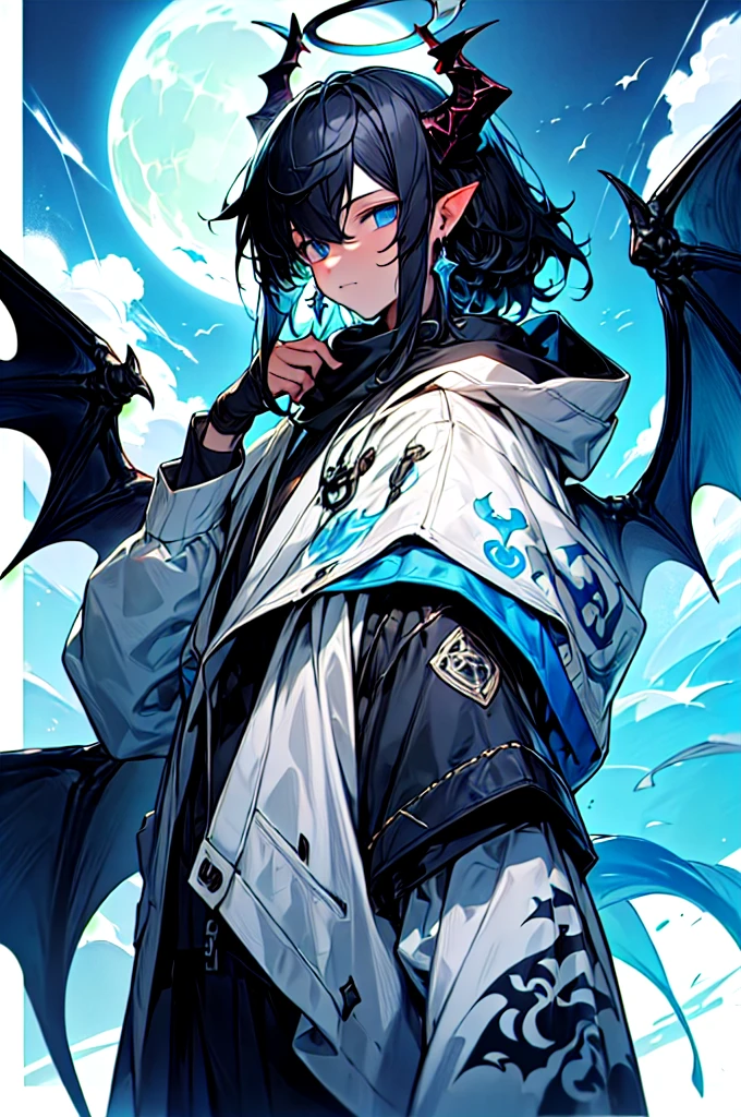 masterpiece, highest quality, highest resolution, clear_image, photo realistic, detailed details, (11 teen boy, scruffy black hair, bangs, Blue eyes, moon, dark night, long earrings, black hoodie, blue demon horns, blue great sword at the back, sky blue scarf , sky blue futuristic halo, futuristic dragon wings) beautiful, upper body, no water marks, laboratory, no extra limps, no extra body