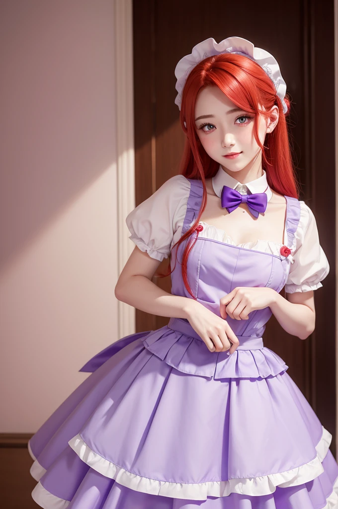 masterpiece, best quality, 1girl, purple eyes, orange hair,maid headdress, maid,