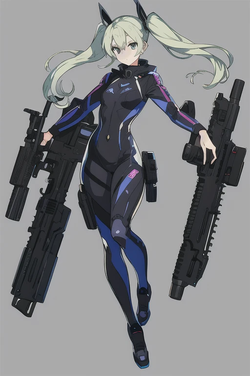 anime picture, perfect body, full body, simple background, a teenage agent girl with twin tails wearing a leather suit while holding a gun