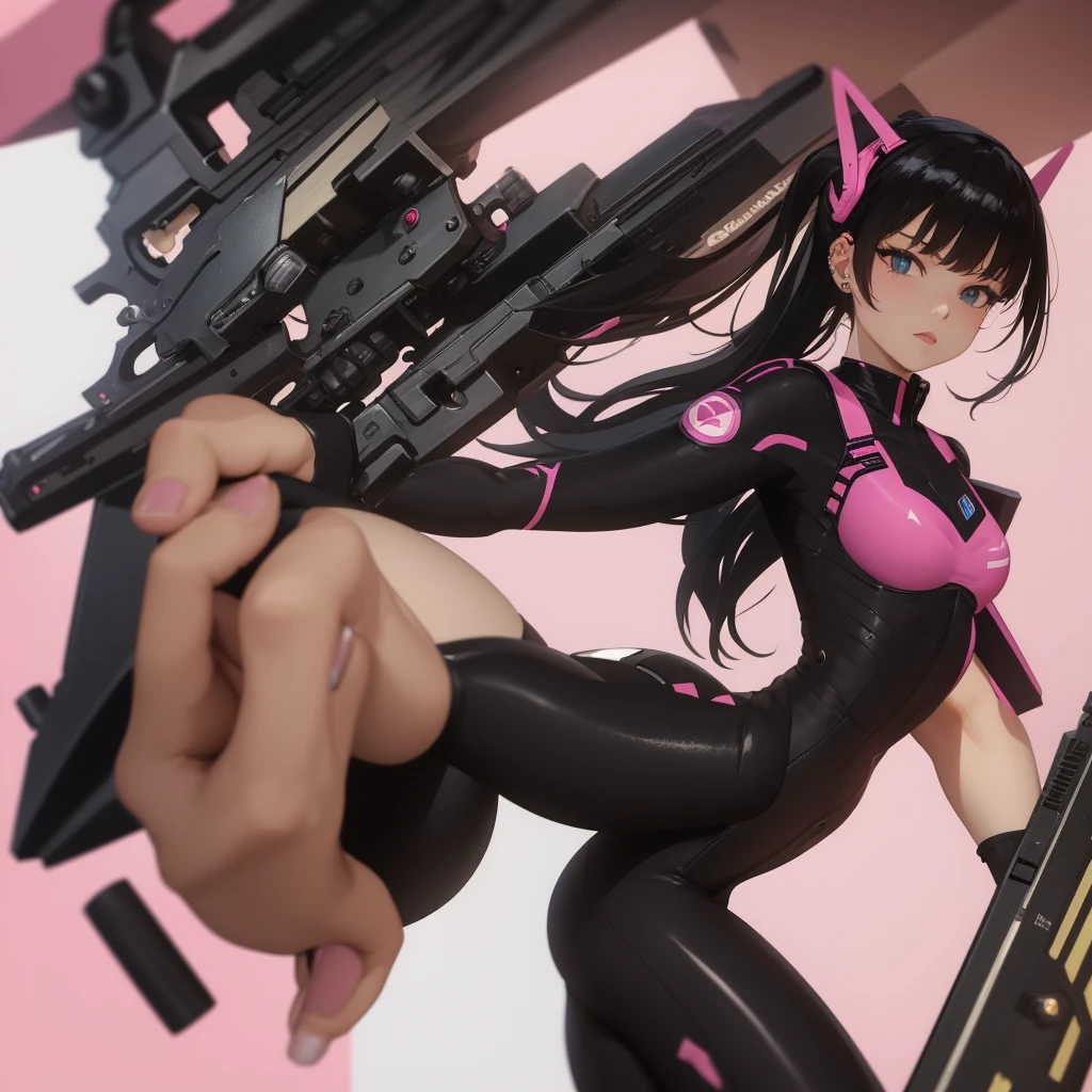 Bodysuit, gun in hand, bangs, dva, black hair, piercings