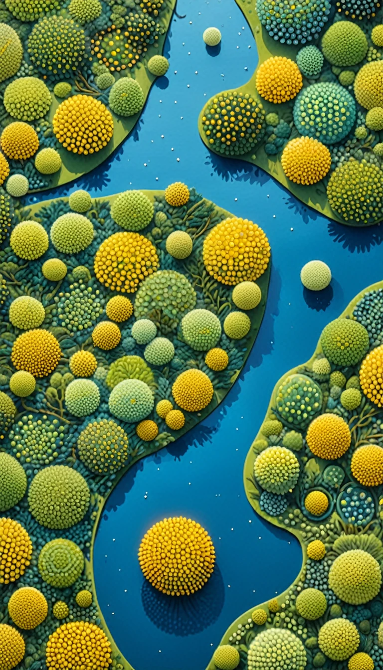 The art of dot painting：Flat Wind，Top view ，Aerial View，Aerial Photography，forest，lake，Trypophobia。