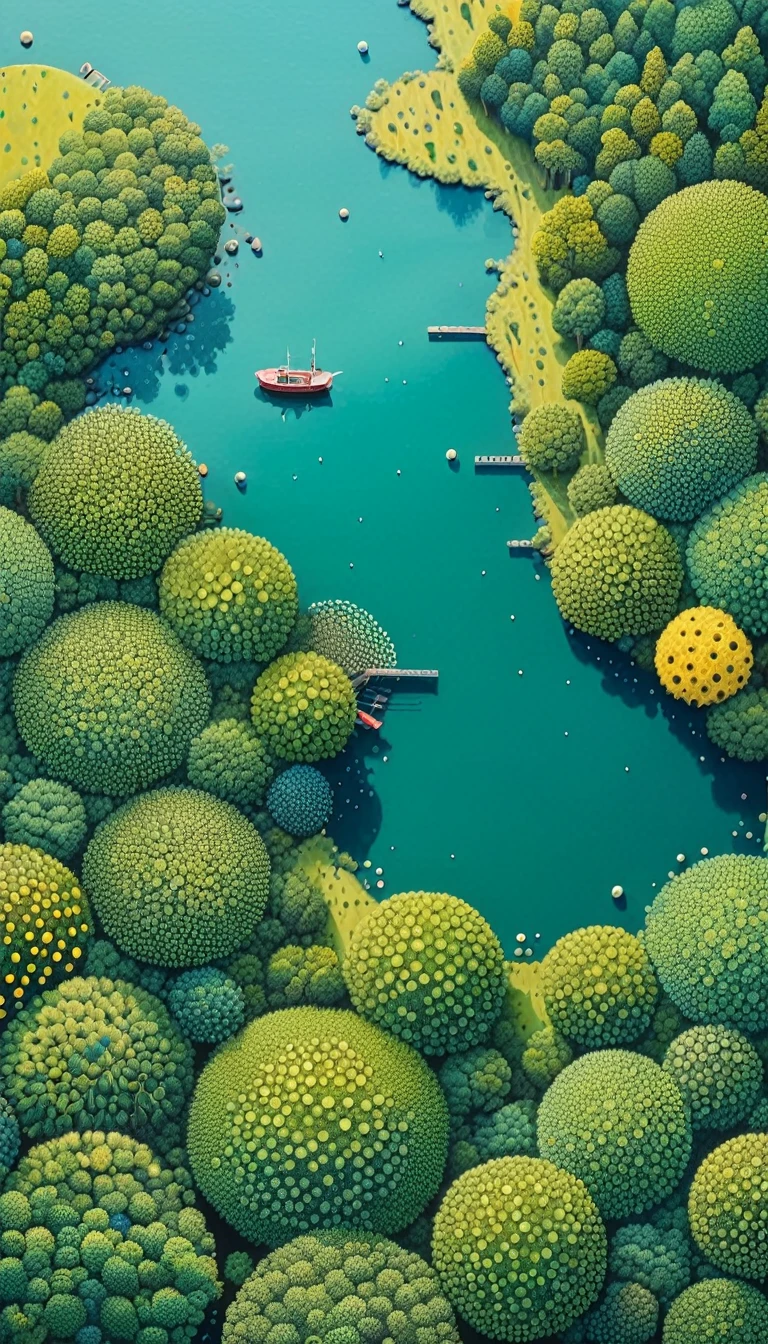 The art of dot painting:Flat Wind,Top view ,Aerial View,Aerial Photography,forest,lake,Trypophobia。
