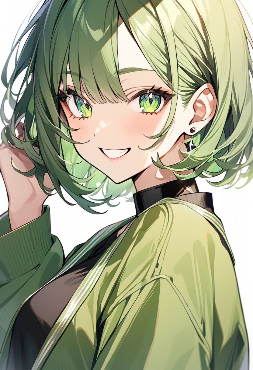 1girl, green eyeliner, look at viewer,from side,sparkling light green eyes,white background, Green bob cut hair,Smile, Black T-shirt ,green jacket,wink,pierce