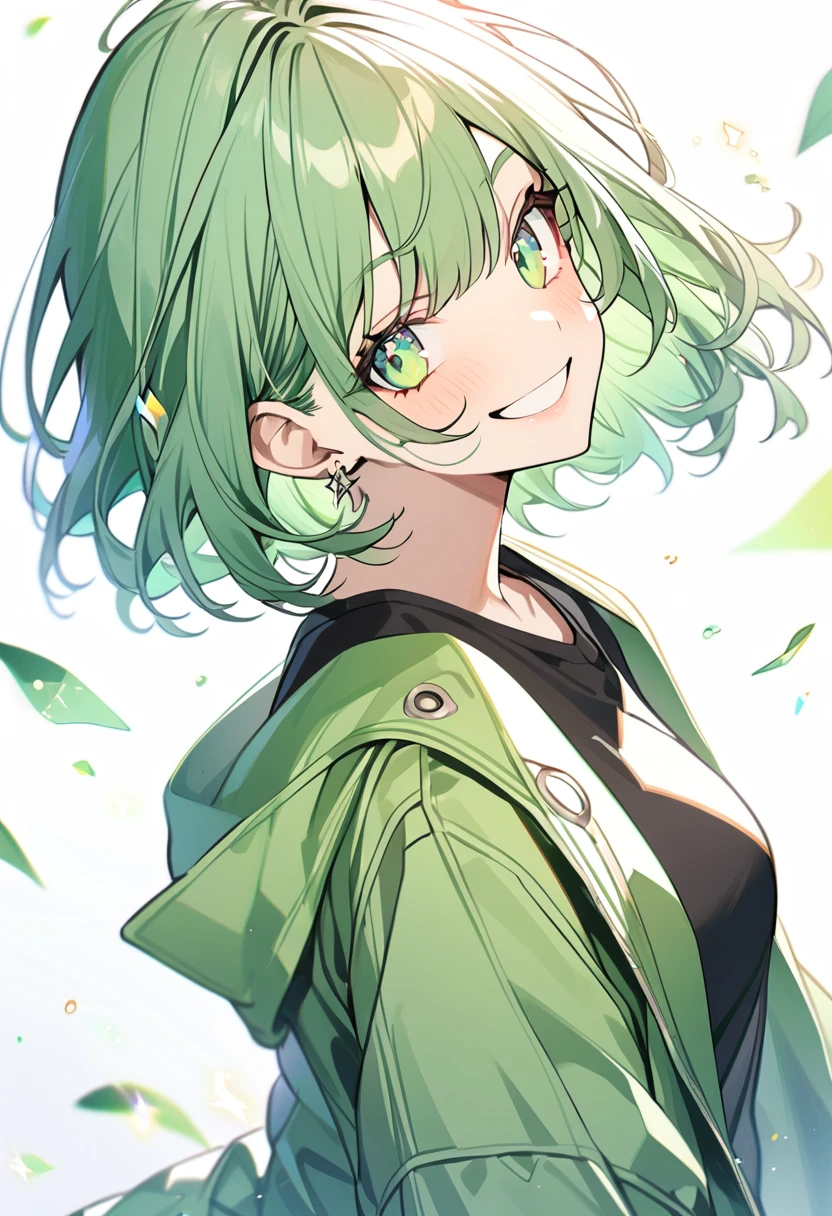 1girl, green eyeliner, look at viewer,from side,sparkling light green eyes,white background, Green bob cut hair,Smile, Black T-shirt ,green jacket,wink,pierce