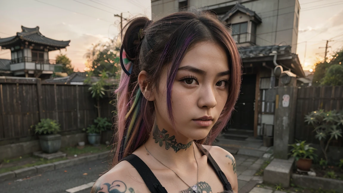 stylized artwork of soft filter. grunge filter. photorealistic. 8k. cinematic, very high resolution. maximum resolution. ultra realistic. unique beautiful face, realistic face, retro grunge photo ascetic. grunge japanese temple wall graffiti., full-body-tattooed. rainbow hair. teen cute sexy asian girl, in marijuana plants buds crop, skimpy lingerie. sunset