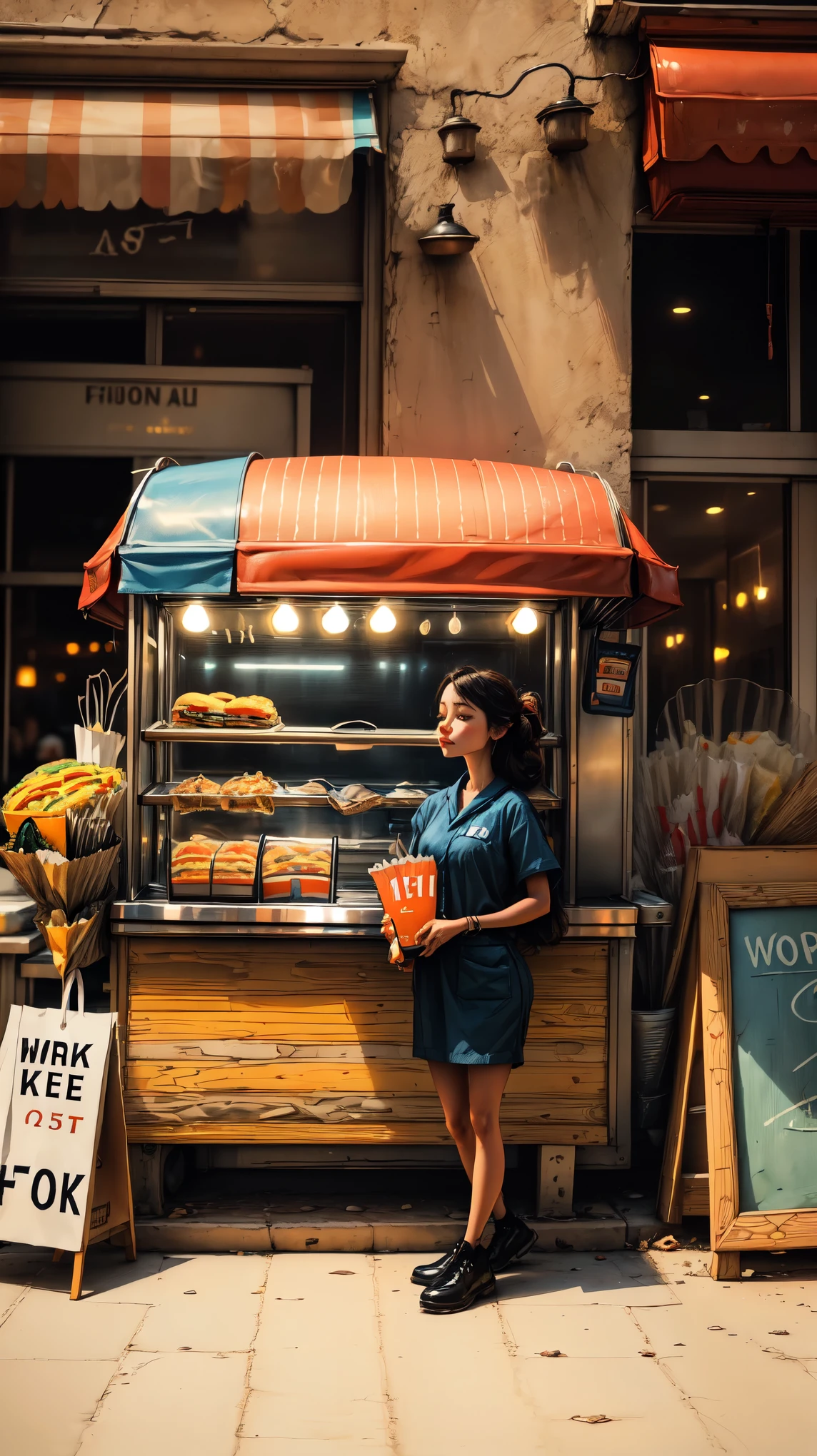 plano general, whole body, ((fast food vendor:1.5 work uniform:1.5))., idyllic, magical scene, beautiful restaurant with diners, (Best Quality, 4k, 8k, high resolution, Masterpiece:1.2), ultra detailed, (realist, photorealist, photo-realist:1.37), warm lighting, vibrant colors, soft focus, Dreamer, cozy, adorable, beautiful, capricious, elegant, charming, sereno, peaceful, innocent, comforter, imaginative