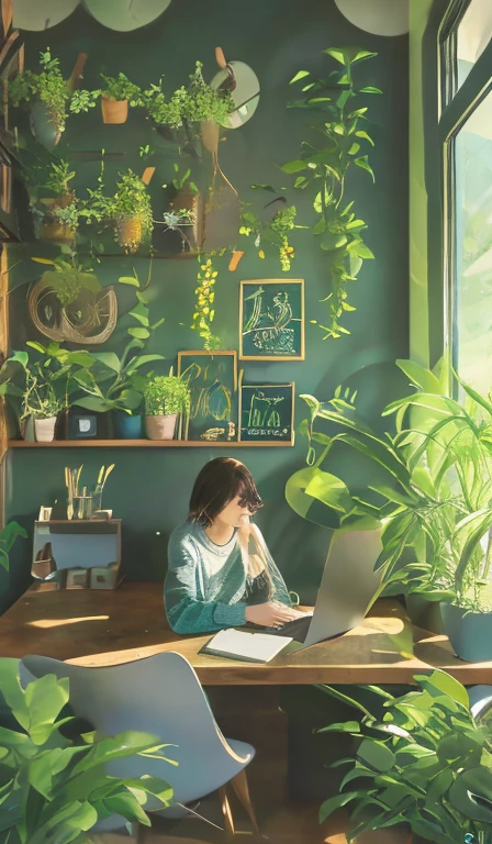 A person sitting at a desk, working on a laptop. The desk has a cup of coffee, some books, and a potted plant. The background is a cozy home office with warm lighting.