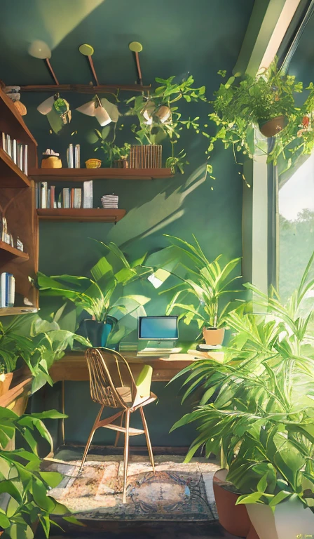 A person sitting at a desk, working on a laptop. The desk has a cup of coffee, some books, and a potted plant. The background is a cozy home office with warm lighting.