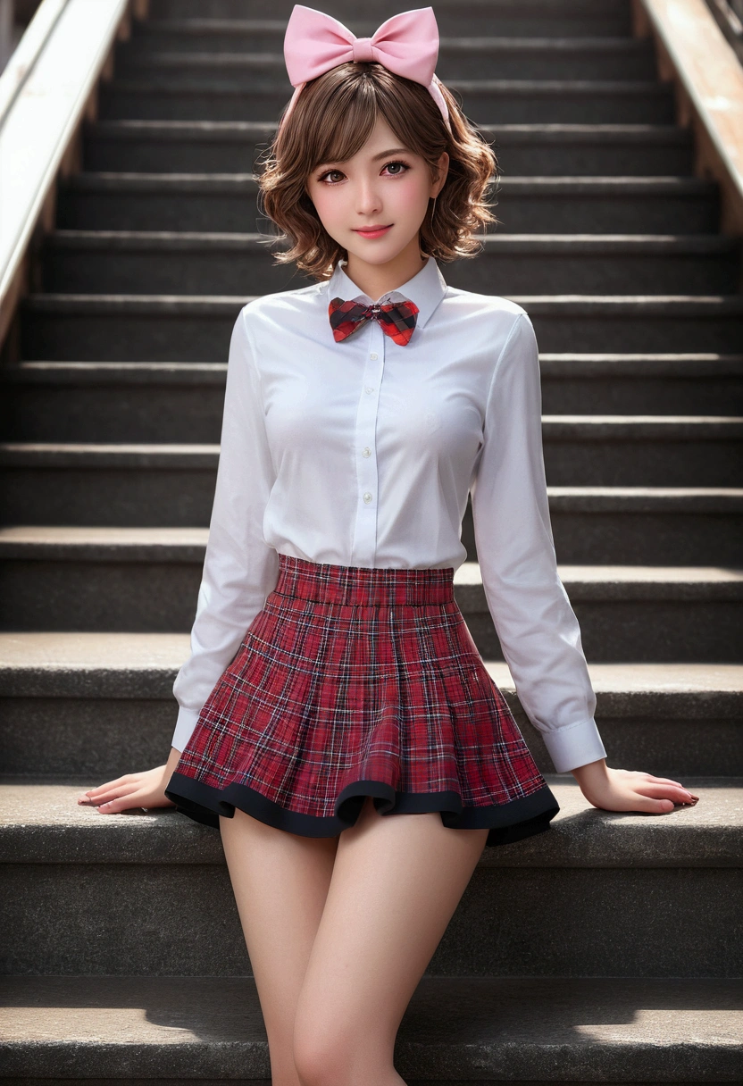 ((Mesa, Best Quality, high resolution, NFFSW, pixel perfect, 4k, NFFSW, NFFSW))), 1 girl in, Single, Alone, beauty、full body seen、 ((short wavy hair, hits, Brown hair)), ((Brown Eyed, Beautiful eyelashes, realistic eyes)), ((detailed face, blush:1.2)), ((smooth texture:0.75, realistic texture:0.65, photorealistic:1.1, cg anime style)), medium breasts, dynamic angle, perfect body, ((red bow tie, , , White shirt, black skirt, plaid skirts))、train station stairs、windy、Very embarrassing panic smile.、turned around、I can see his butt sticking out in front of me......、Looking up from the bottom of the stairs.、 (The wind lifted my skirt、Touch the skirt with both hands.、、You can see all the buttocks.、Pink floral panties)、