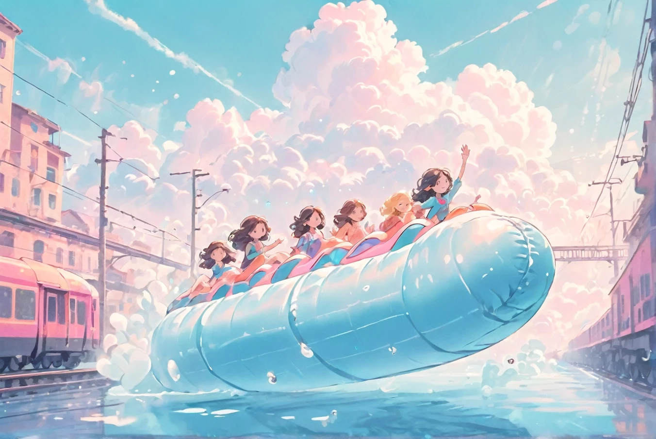 soft pastel digital illustration style of girls floating on inflatable boa, train moving through sea, water splash, water covered train tracks, beautiful clouds, light particles, bright afternoon, soft colors