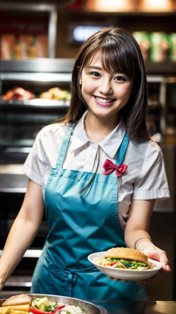 Beautiful fast food clerk、Serve the ordered food with a smile、Receive attention from customers