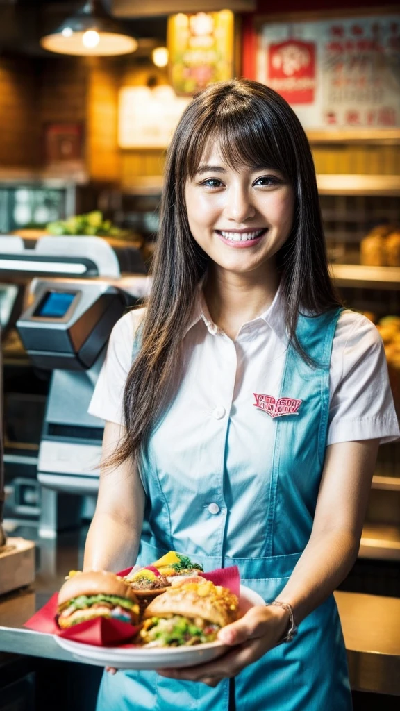 beautiful female fast food worker, smiling while serving ordered food, receiving attention from customers, detailed facial features, cinematic lighting, photorealistic, 8k, hyper detailed, symmetrical composition, warm color tones, natural skin tones, soft focus background, dynamic pose, high fashion apparel, impeccable uniform, confident expression, charming smile, gorgeous eyes, detailed hands, intricate apron design, pristine restaurant setting, gleaming metallic surfaces, realistic reflections, mouthwatering food presentation, immersive atmosphere