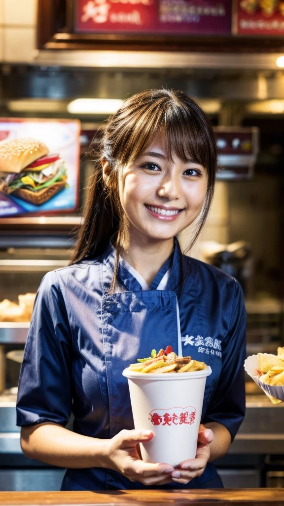 Beautiful fast food clerk、Serve the ordered food with a smile、Receive attention from customers