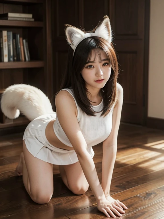 ((Highest quality)), ((masterpiece)), (Familiar), Perfect Face, fox lady, Pretty girl, Fox Ears, Fox tail, She has a northern fox tail, She wags her fluffy tail, She is a beautiful nurse, Beautiful hip line, Thick thighs, Big tail, The tail grows out of the skirt, Nice body, On all fours , Shyly staring at his tail, Only one tail, a shy face
