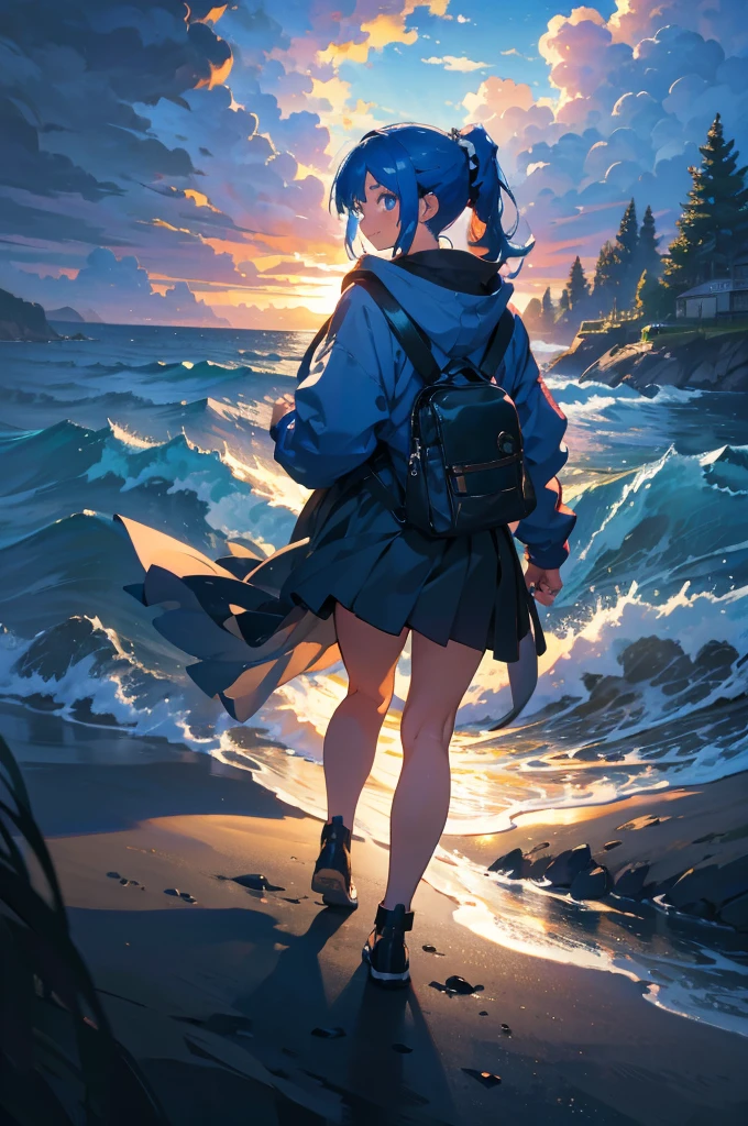(masterpiece), (high resolution 8K), professional illustration, 1 girl, late teenage, walking, turn around, arched back, full body, dutch angle, bird's eye view, hoody, mini-skirt, back pack, blue hair, smile, looking away, sea, night, high contrast, professional lighting, stunning face, symmetrical clear eyes, detailed eyes and face,ponytail
