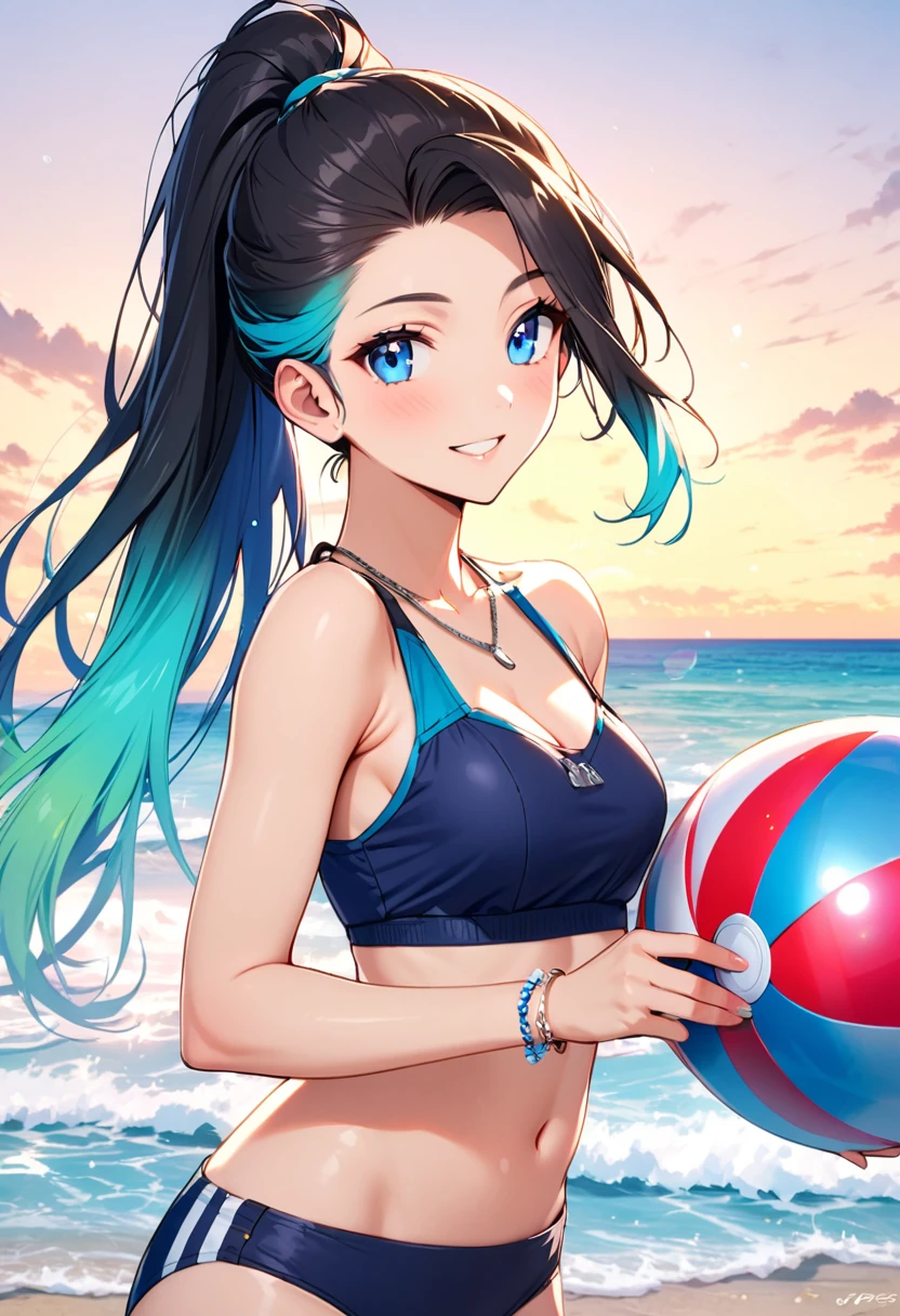 A young woman, 19-years-old, solo, Caucasian, black hair, cyan hair, gradient hair, multicolored hair, ponytail, two-tone hair, blue eyes, cheerful smile, mature face, dark blue bikini top, dark blue bikini bottom, midriff, holding a beachball, beach, thin silver necklace, white bracelet, flat stomach