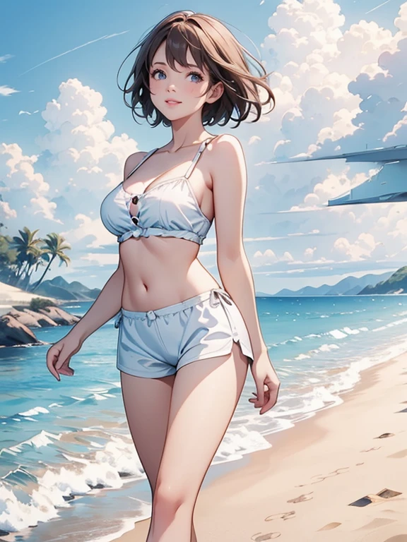 (Highest quality、masterpiece、High resolution、8K)、Vibrant colors、Young and beautiful woman 1、whole body、Brown and black short bob、barefoot、(Detailed face、Beautiful Eyes、Beautiful nose、Pretty lips)、Ample breasts、Beautiful cleavage、White T-shirt and shorts、Running on the beach、A refreshing smile、looking at the camera、Official Art、The background is the sea、blue sky、White waves and wide sandy beach、Wide forest、White Entrance Cloud、(Depth of written boundary:1.5)、Professional Lighting、