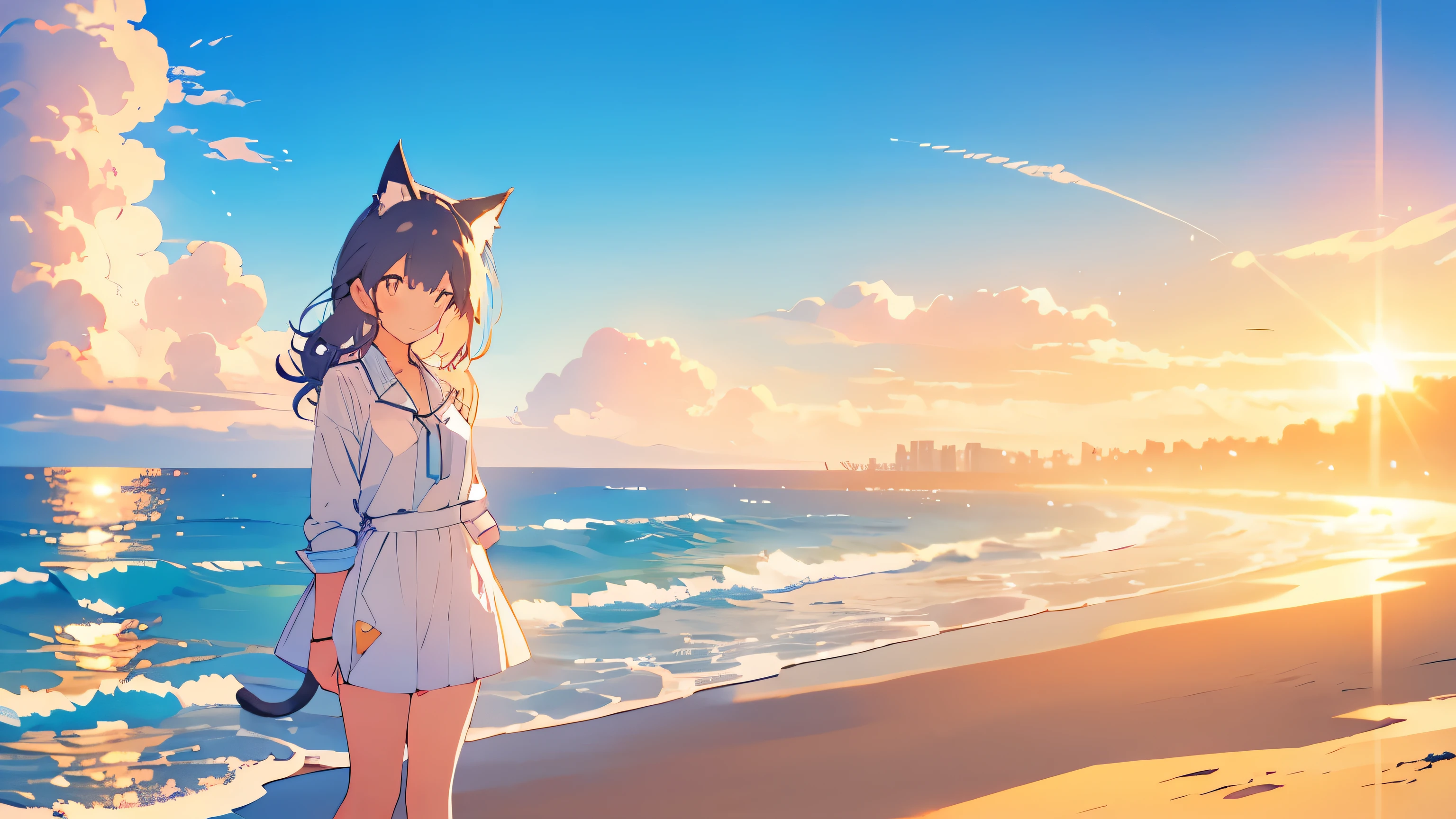 A woman with cat ears standing on a sunny beach. She has a serene smile and the sea sparkles in the background