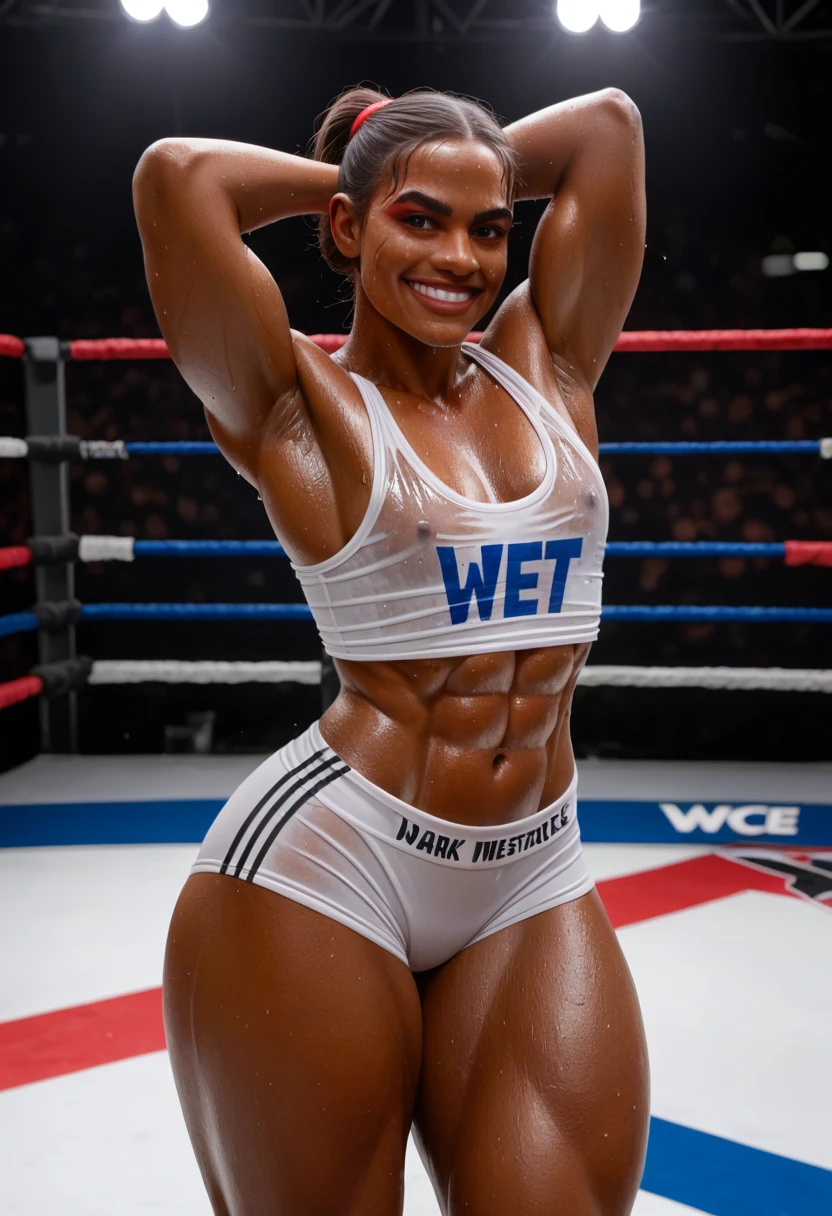 rating_questionable, score_9, score_8_up, (lewd:1.3), ((WWE:1.2)), best quality, masterpiece, ultra high res, detailed face, ((1 American girl)), (()), (loli(solo)), (darkskin:1.2), muscular, (smirk), (very sweaty:1.3), (humid:1.2), (thick thighs), armpit,