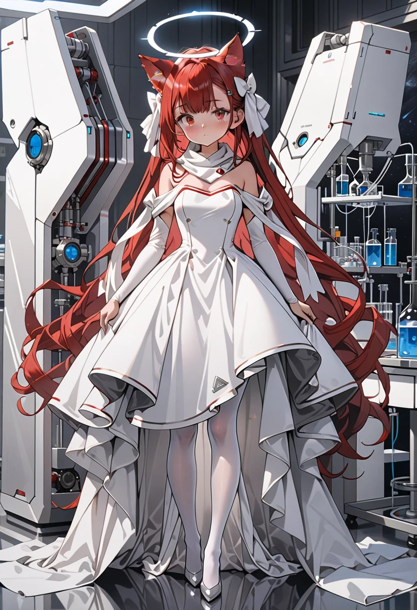 masterpiece, highest quality, highest resolution, clear_image, detailed details, red hair, long hair, cat ears, 1 girl, red eyes, imperial bridesmaid dress, white pantyhose, white scarf (around the neck), gray futuristic halo, beautiful, full body, no water marks, laboratory, no extra limps, no extra body