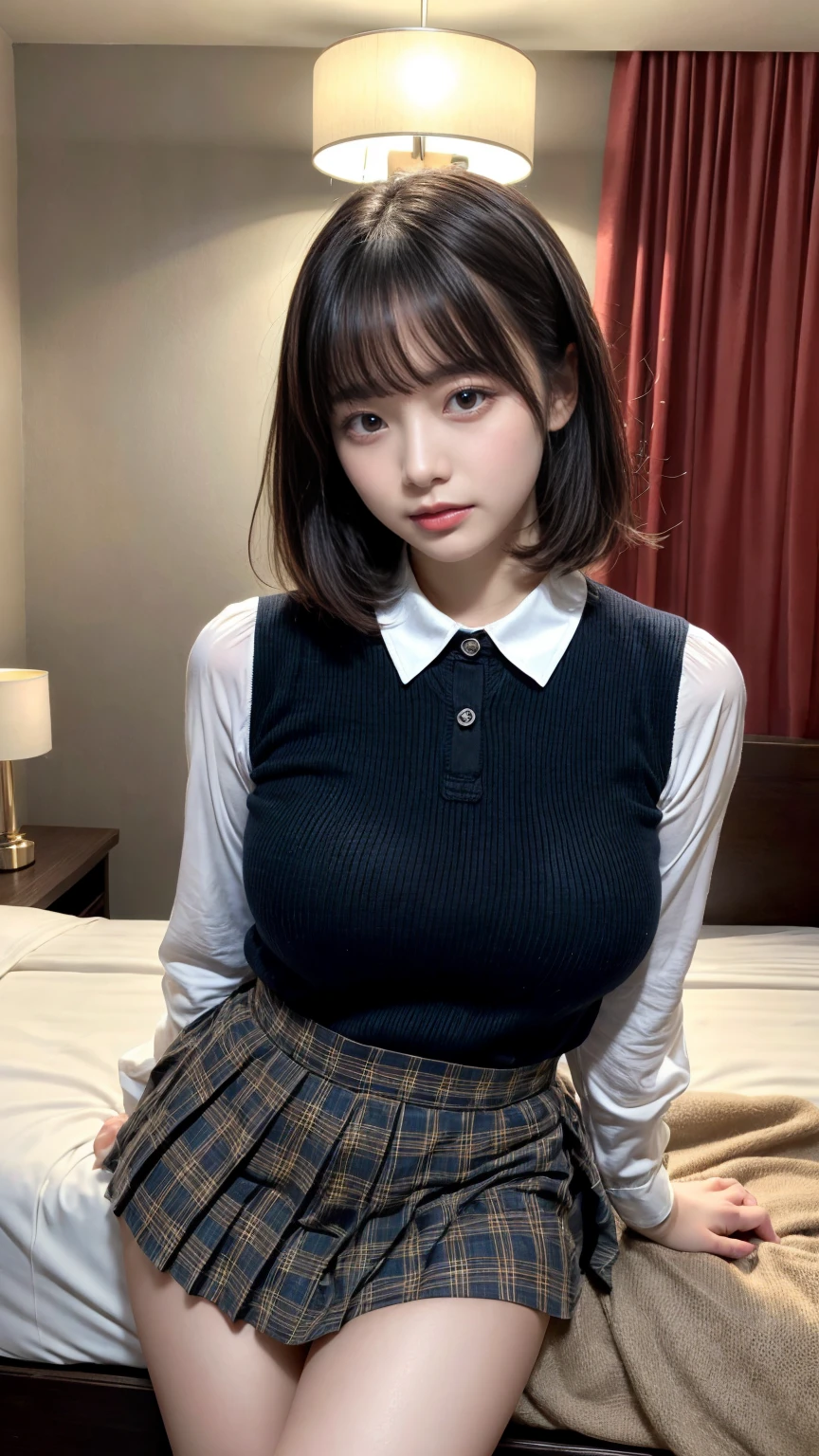 masterpiece, best quality, illustration, Super detailed, fine details, High resolution, 8K,wall paper, perfect dynamic composition,(Details High quality, realistic depiction of eyes:1.3), from side, standing, (collared shirt:1.1), pleated skirt, short bob hair、black hair color, Big Natural Color Lip, bold sexy pose, crying a little、cold gaze, Harajuku style、acrobatic pose, 20 year old girl、cute type、lolita、beautiful legs, hotel room, gravure idol, Voluptuous thighs, huge breasts