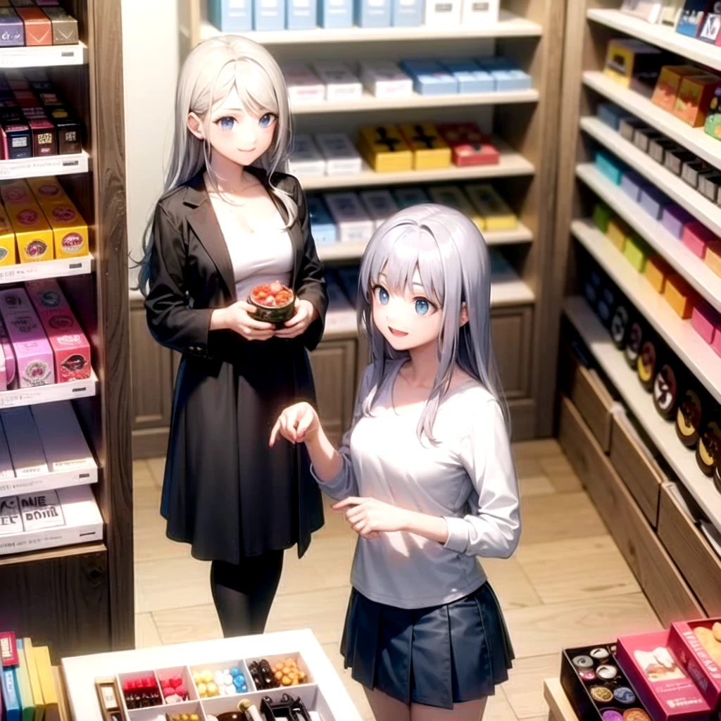 Long silver hair high school girl、Blue eyes、Casual wear、Toy store、There are a lot of plastic model boxes、A lot of figures lined up、shop、smile