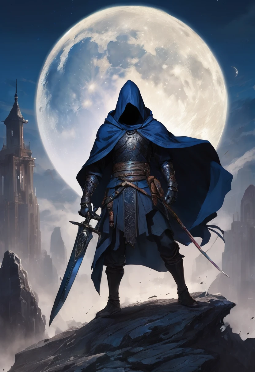 man, Skinny body, Dark blue cape, big hood, face hidden in the remains of the hood, dark face , moon shape on face, huge giant sword , Runic semi-tech sword, sword held in one hand, metal shoulder pad, black shirt ,melancholic pose, tetric ,battle pose 