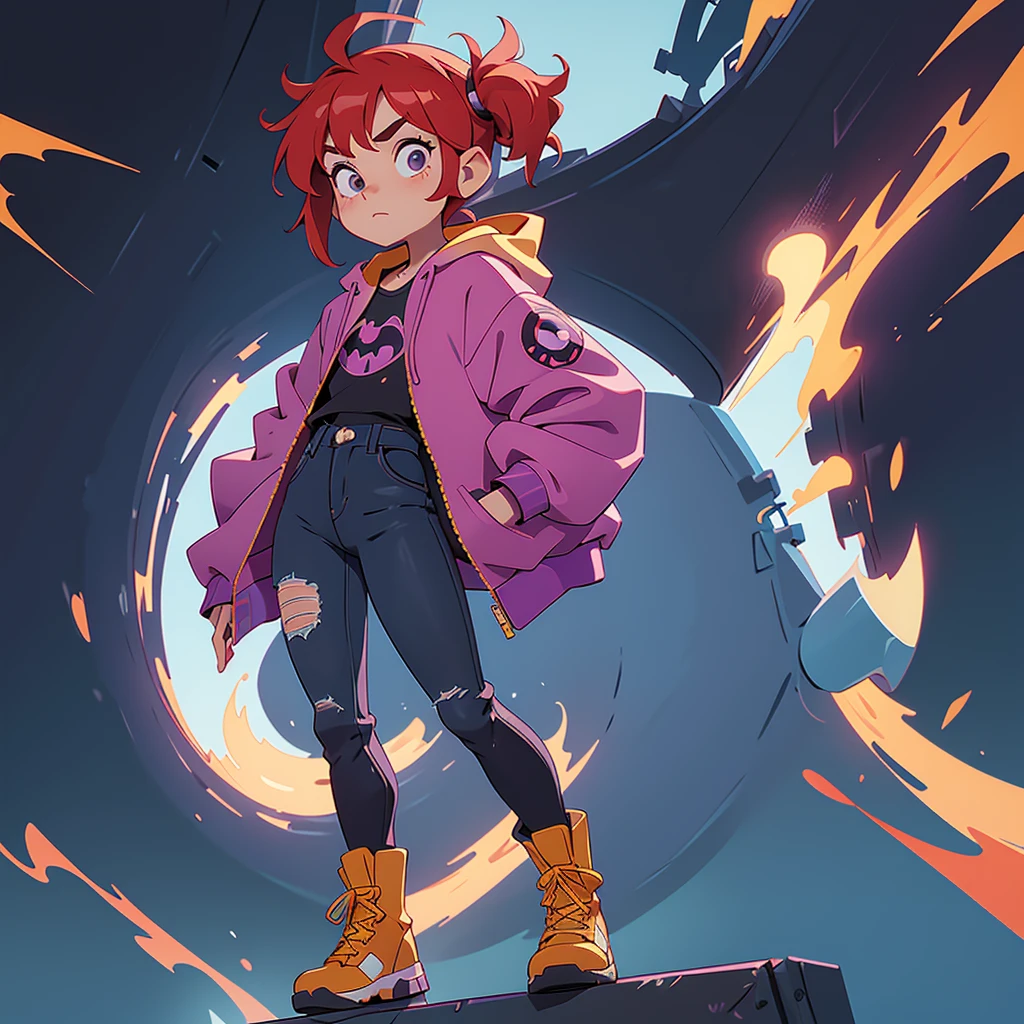 I want you to make an illustration in Disney 2D animation style. The character is a young ager of approximately 18 years old. She has red hair that reaches below her shoulders and is wearing an open purple jacket with a hood on her head and underneath the jacket she is wearing a black t-shirt with the Batman symbol. She is wearing dark jeans and, on her feet, she is wearing yellow combat boots.
